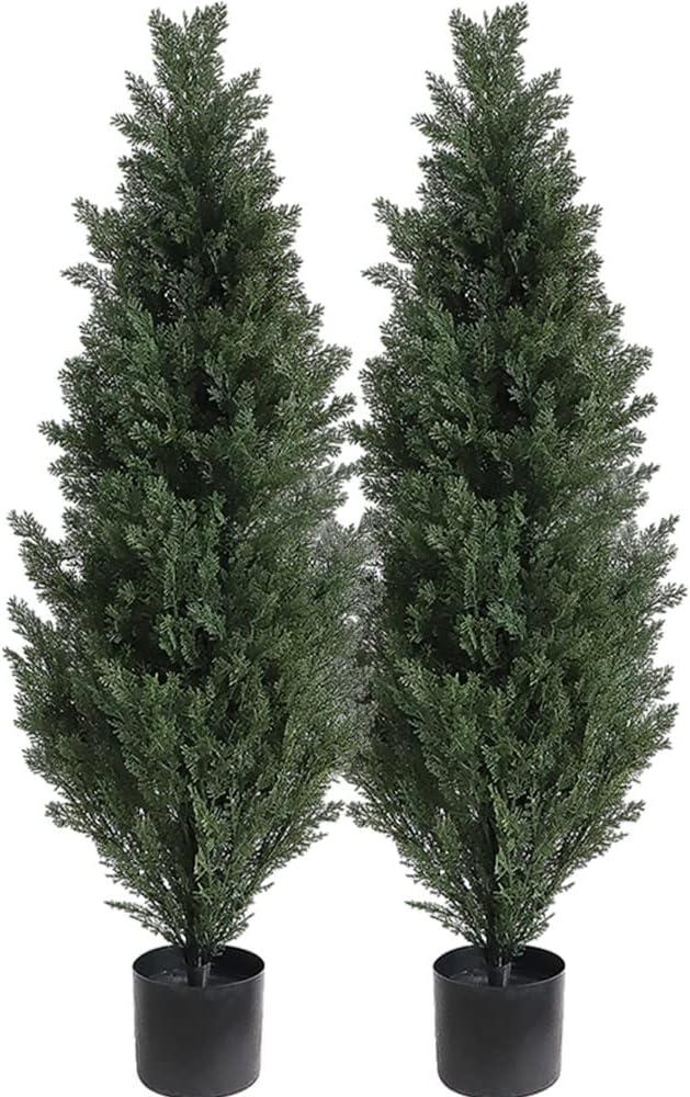 Artificial Cedar Tree 2 Pack 4 ft Outdoor Artificial Topiary Cedar Plants Fake Tree UV Rated Potted Tree for Perfect Housewarming Gift, Set of 2