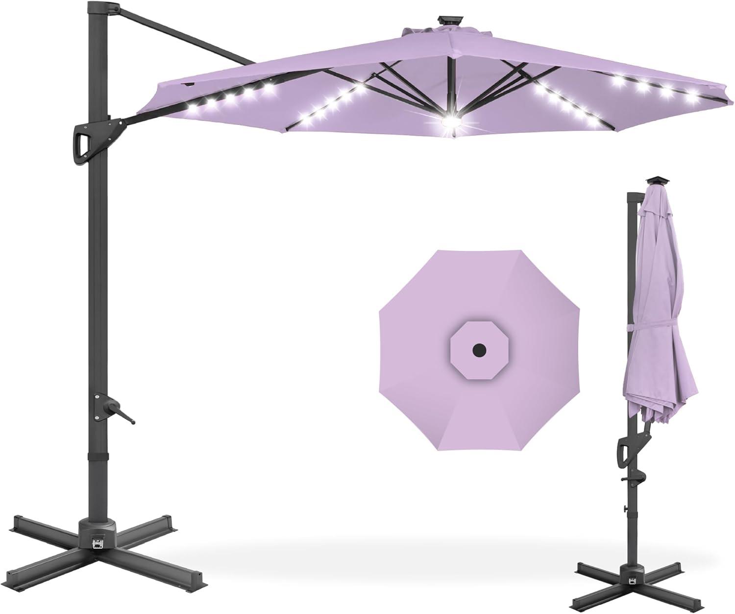 Best Choice Products 10ft 360-Degree Solar LED Lit Cantilever Patio Umbrella, Outdoor Hanging Shade - Lavender