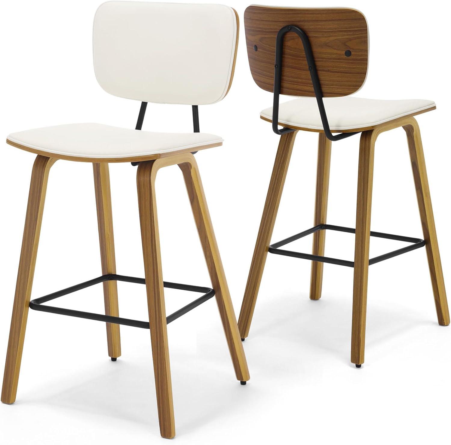 Cream PU Leather Upholstered Counter Stools with Walnut Wood Legs