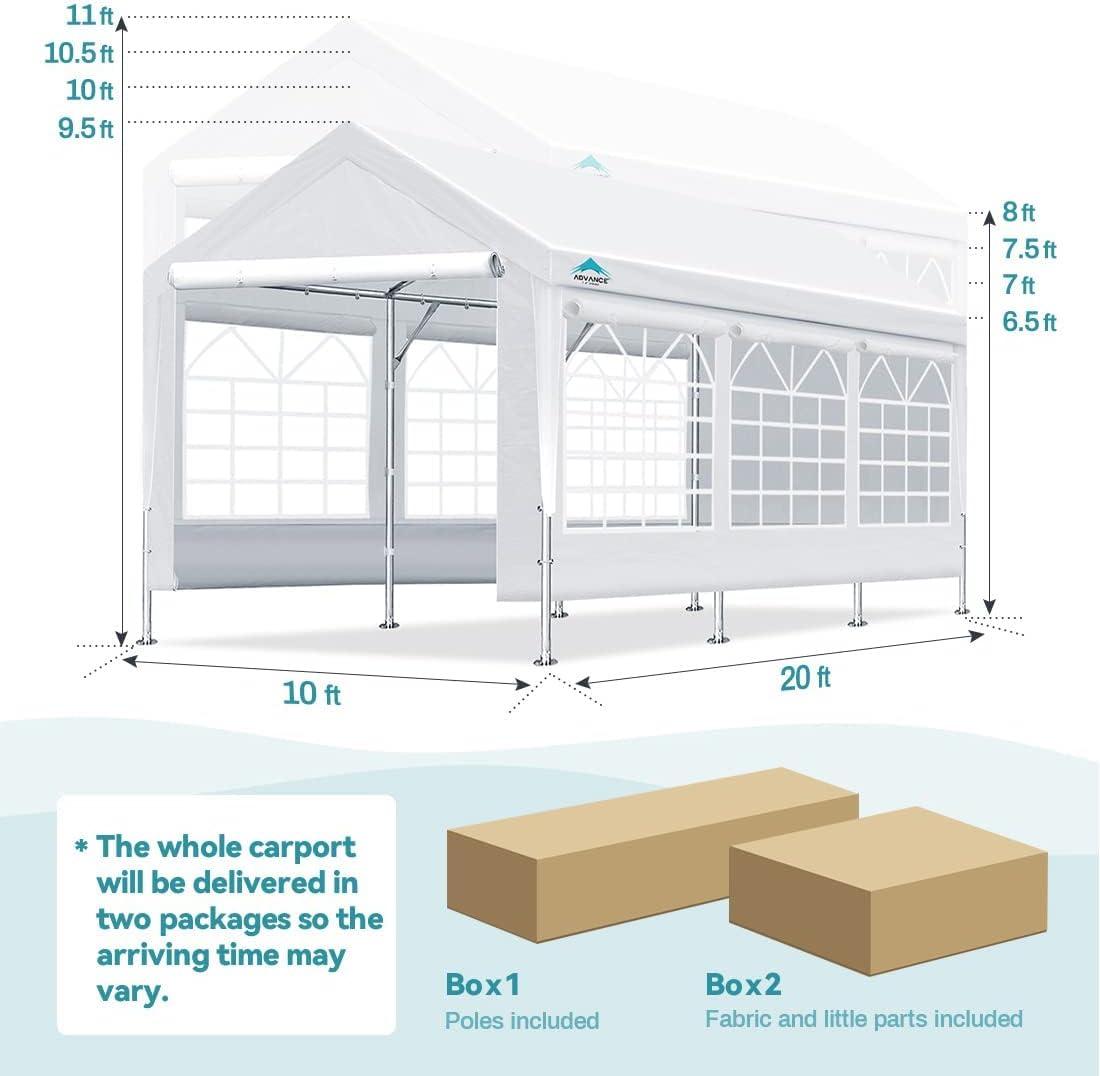 ADVANCE OUTDOOR 10'x20' Heavy Duty Steel Carport Car Canopy, Adjustable Height from 9.5ft to 11ft with Removable Window Sidewalls and Doors, White
