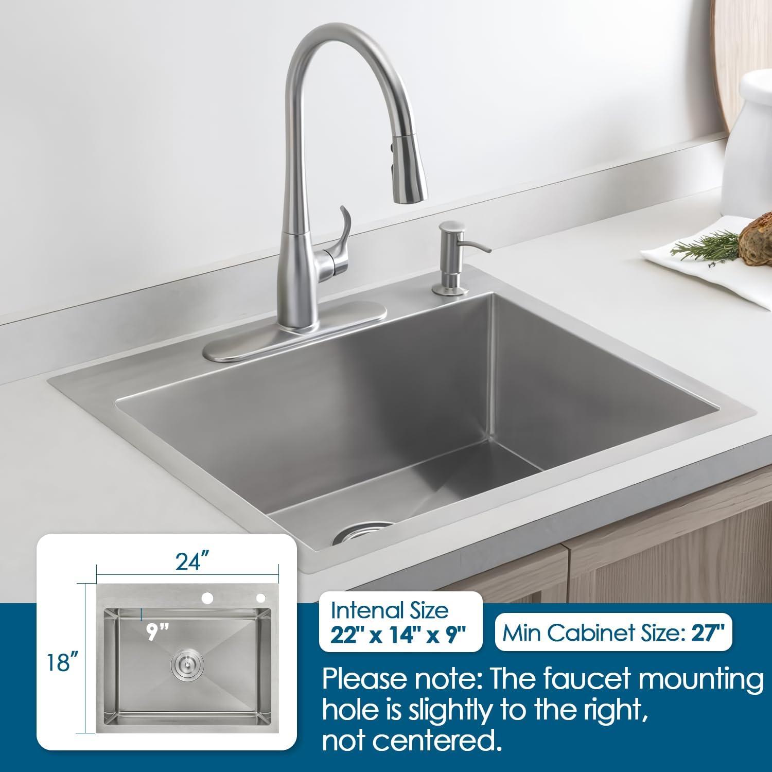 ROVOGO 24 inch Kitchen Sink Drop in, 304 Stainless Steel Single Bowl Top Mount, 9 inch Deep Modern Sink for Kitchen, Brushed, 24"x18"x9"