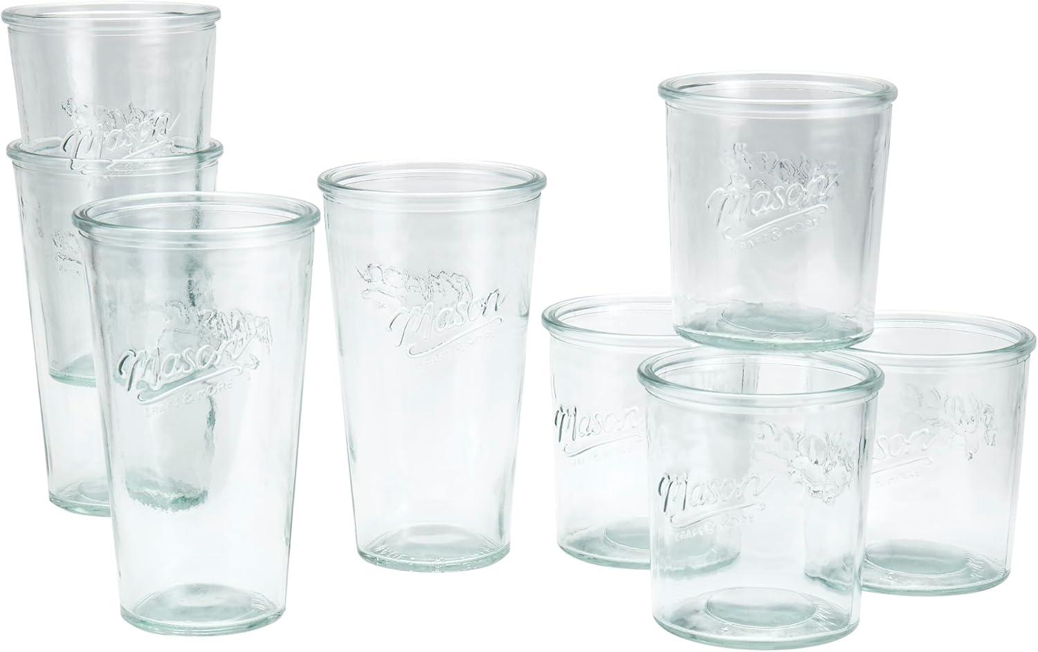 Mason Craft & More 8 Piece Glass Drinkware Set of Tall and Short Tumblers Set, 4- 15 oz. and 4- 20 oz.