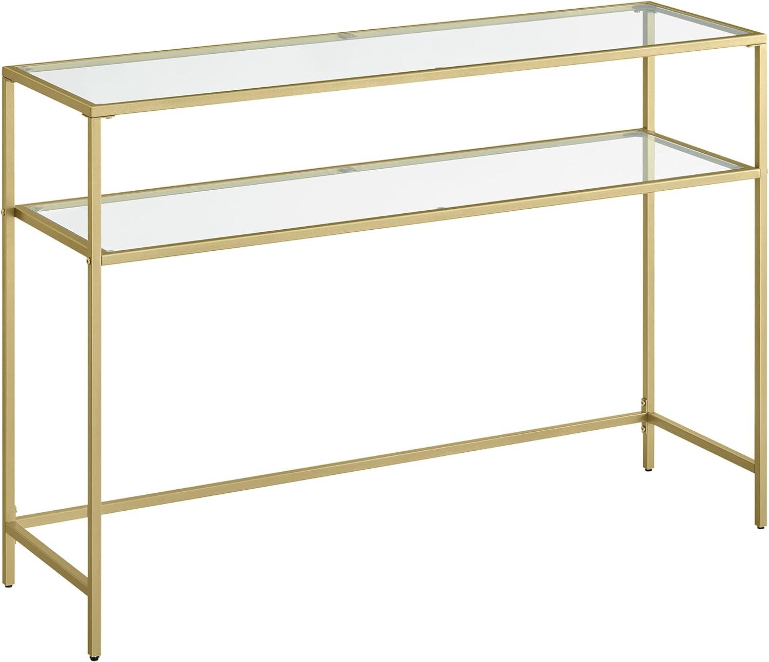 VASAGLE 47.2" Console Sofa Table Modern Entryway Table Tempered Glass Table 2 Shelves for Living Room Hallway Gold Color