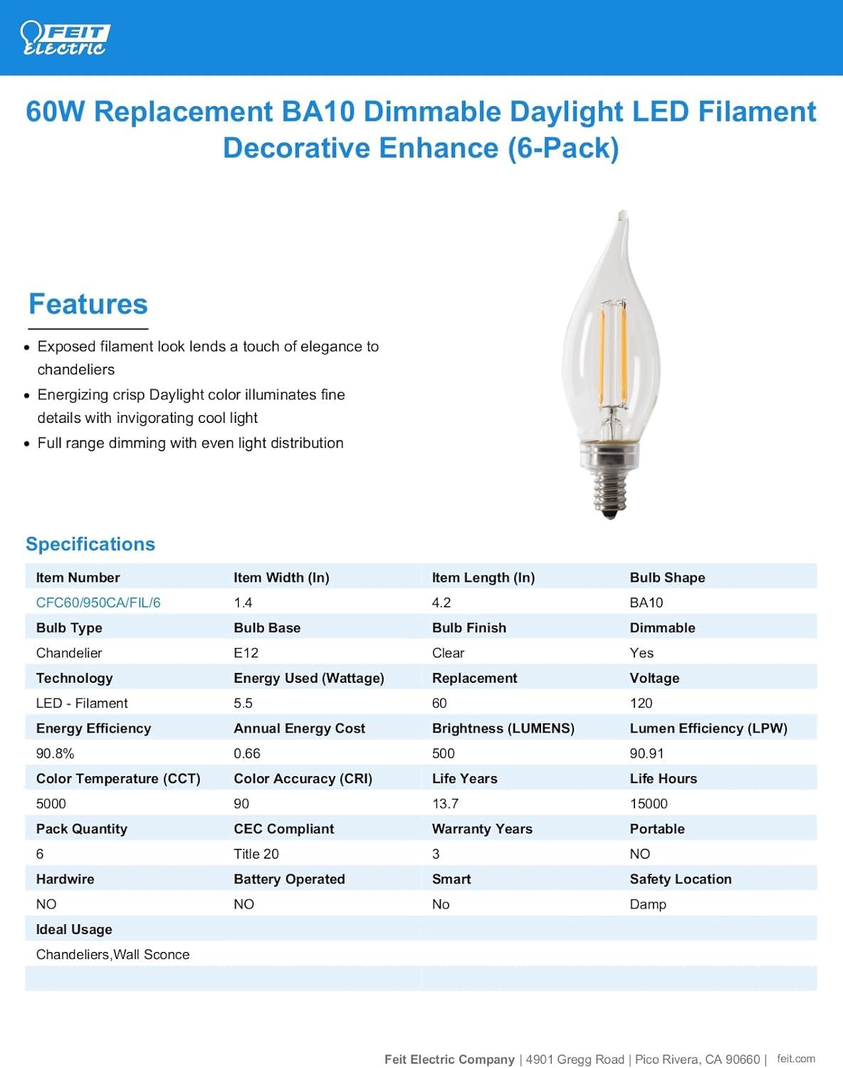 Feit Electric Enhance B10 E12 (Candelabra) LED Bulb Soft White 60 Watt Equivalence 6 pk