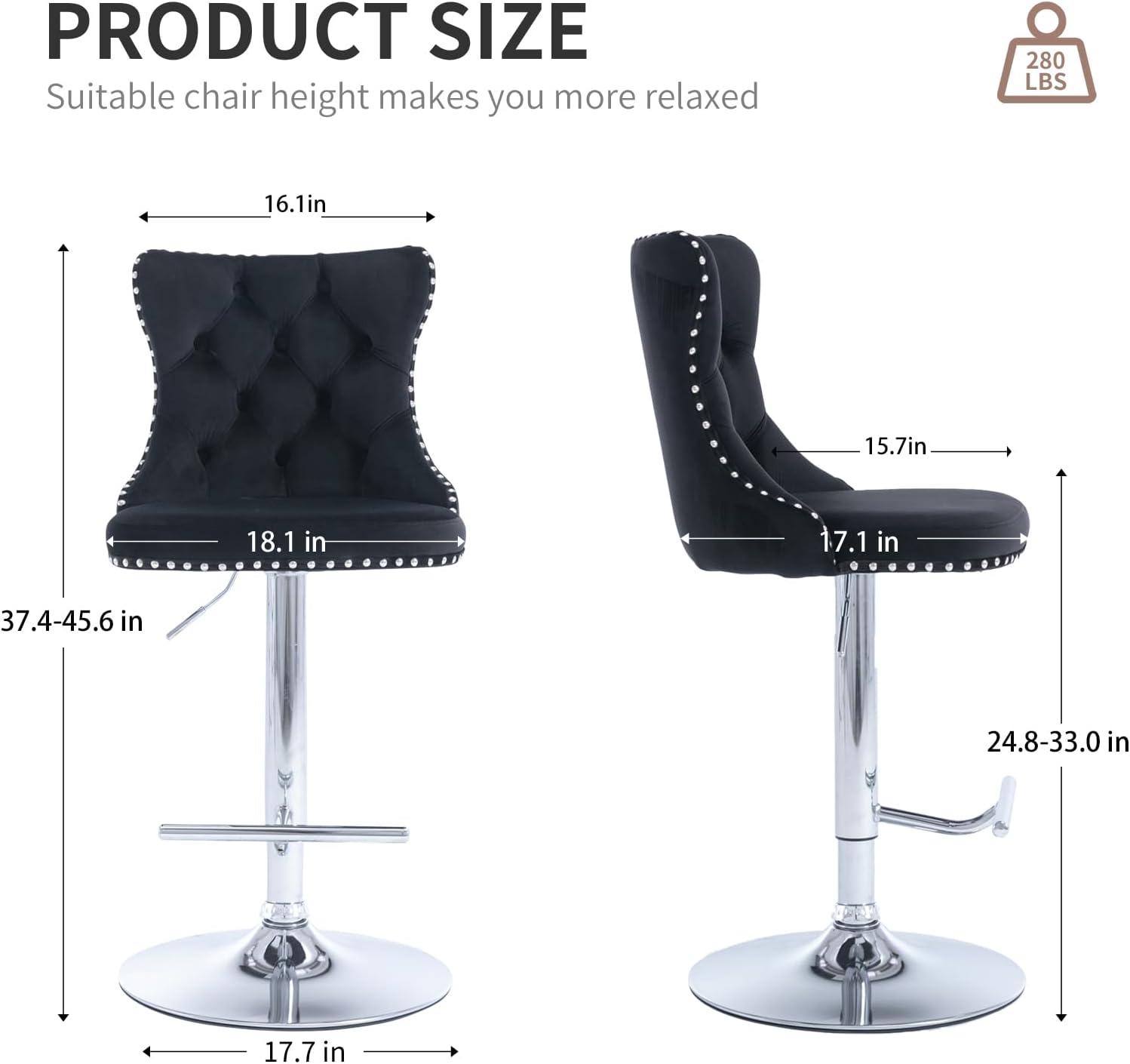 Swivel Barstools with High Back, 2pcs Velvet Bar Chairs with Button Tufted and Nailheads Trim, Counter Height Bar Stools for Home Bar Kitchen Island Cafe,Adjusatble Seat Height, Black+Silver