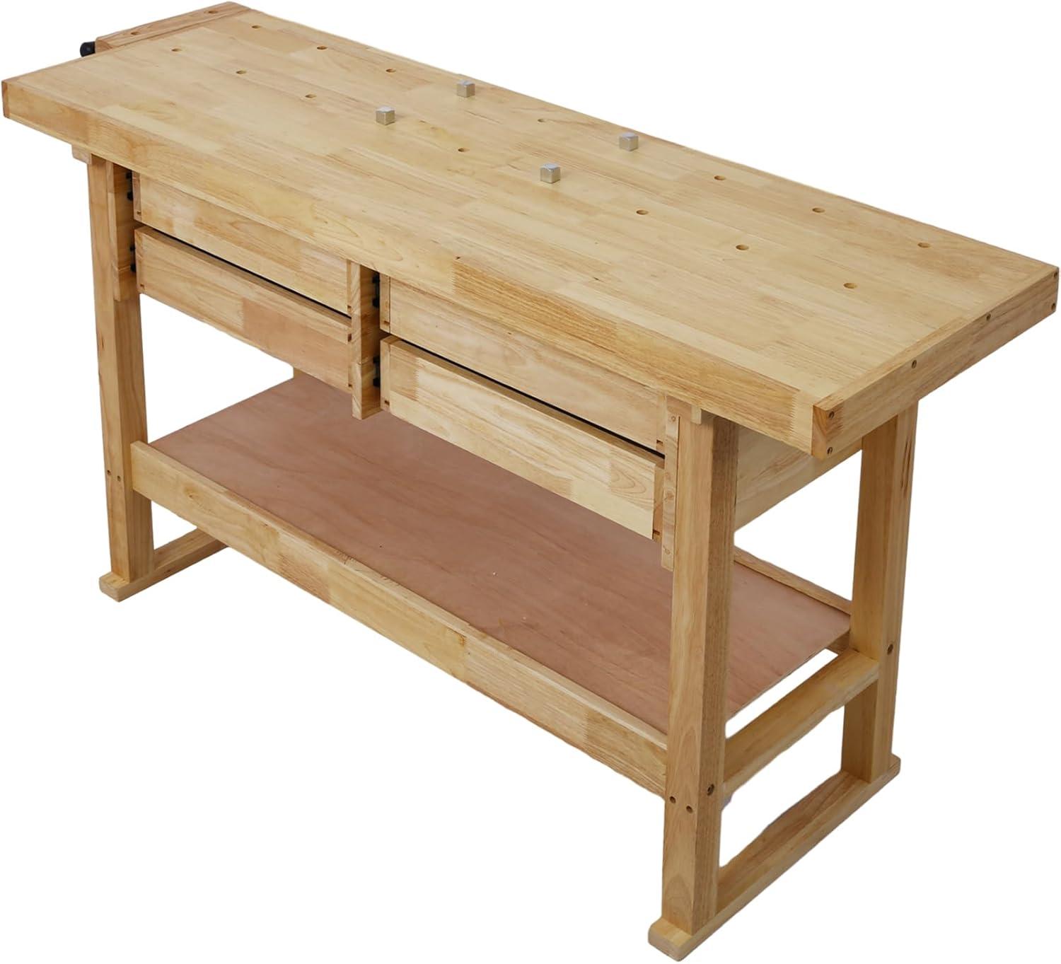 60" Solid Wood Workbench with 4 Drawers and Lower Shelf, Durable Rubberwood Wooden Workbench for Garage, Woodworking Carpenter Workshop and Home Natural Finish 330 lbs Capacity