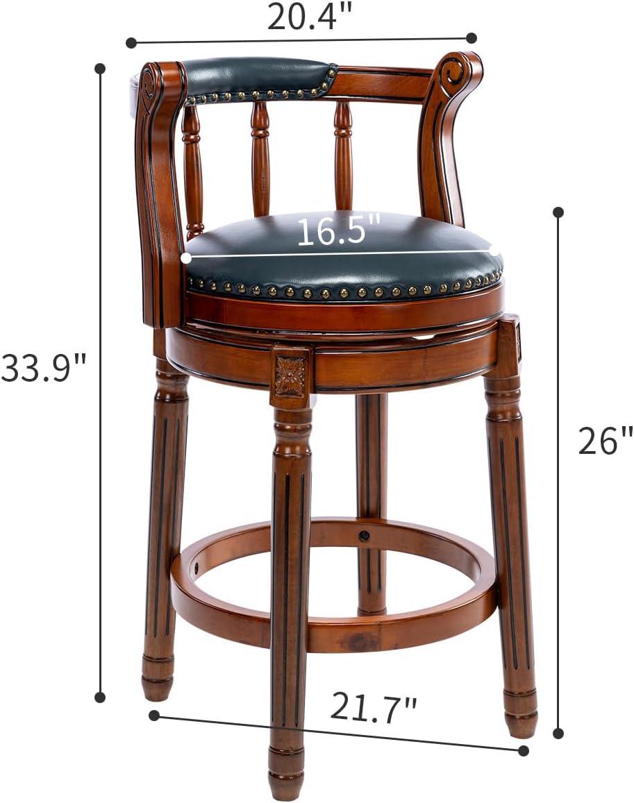 26"H Swivel Bar Stool With Wood Frame, Backrest, Cow Top Leather Seat Surface 360° Swivel Upholstered Kitchen Island Chairs