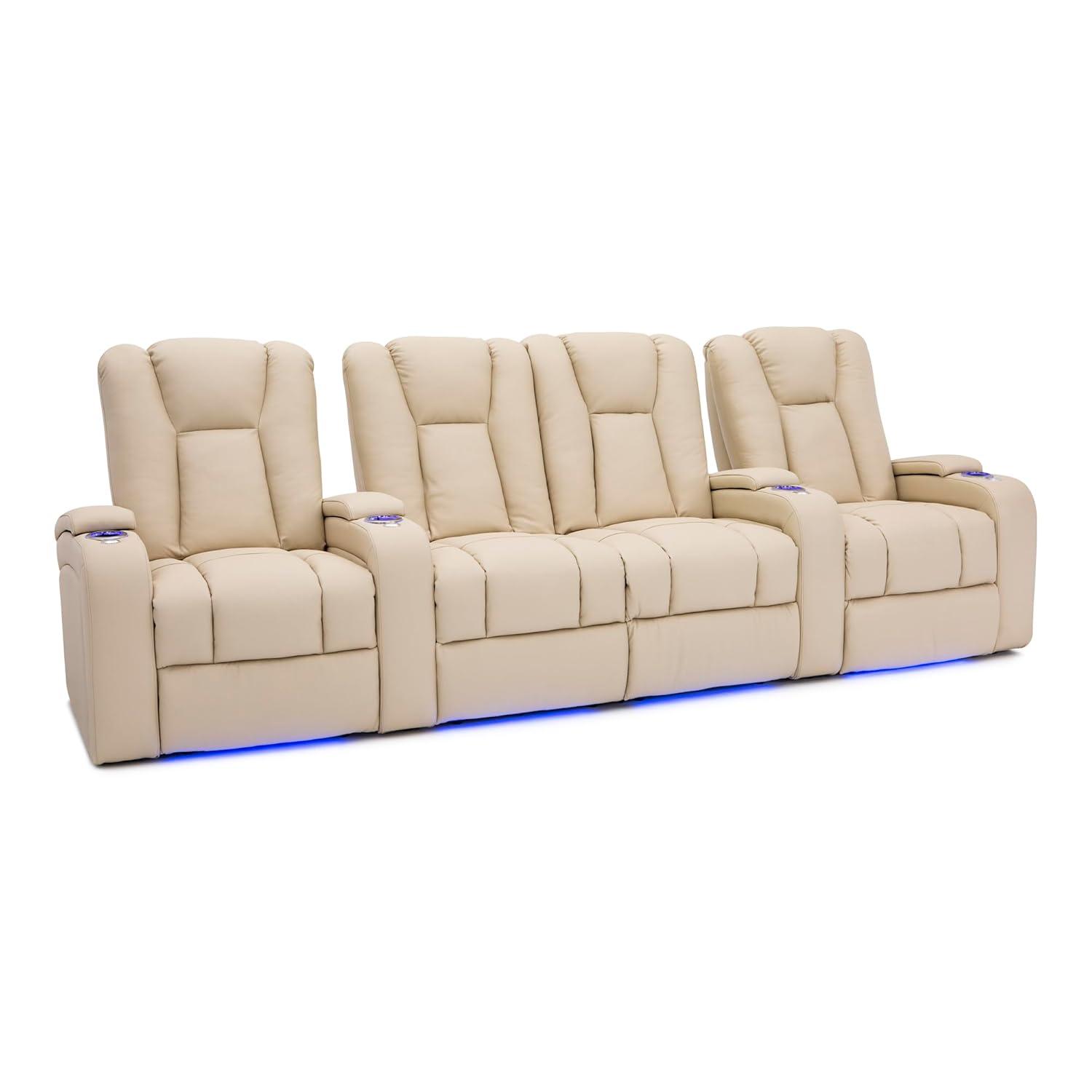 Seatcraft Serenity Italian Leather Home Theater Seating - Living Room - Power Recline - Tray Tables - in-Arm Storage - Ambient Base Lighting and Lighted Cupholders (Row of 4 Middle Loveseat, Cream)