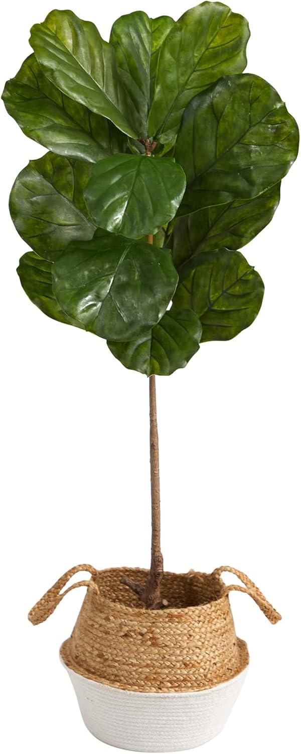 Nearly Natural 4-ft Fiddle Leaf Tree in Boho Chic Handmade Cotton & Jute White Woven Planter UV Resistant