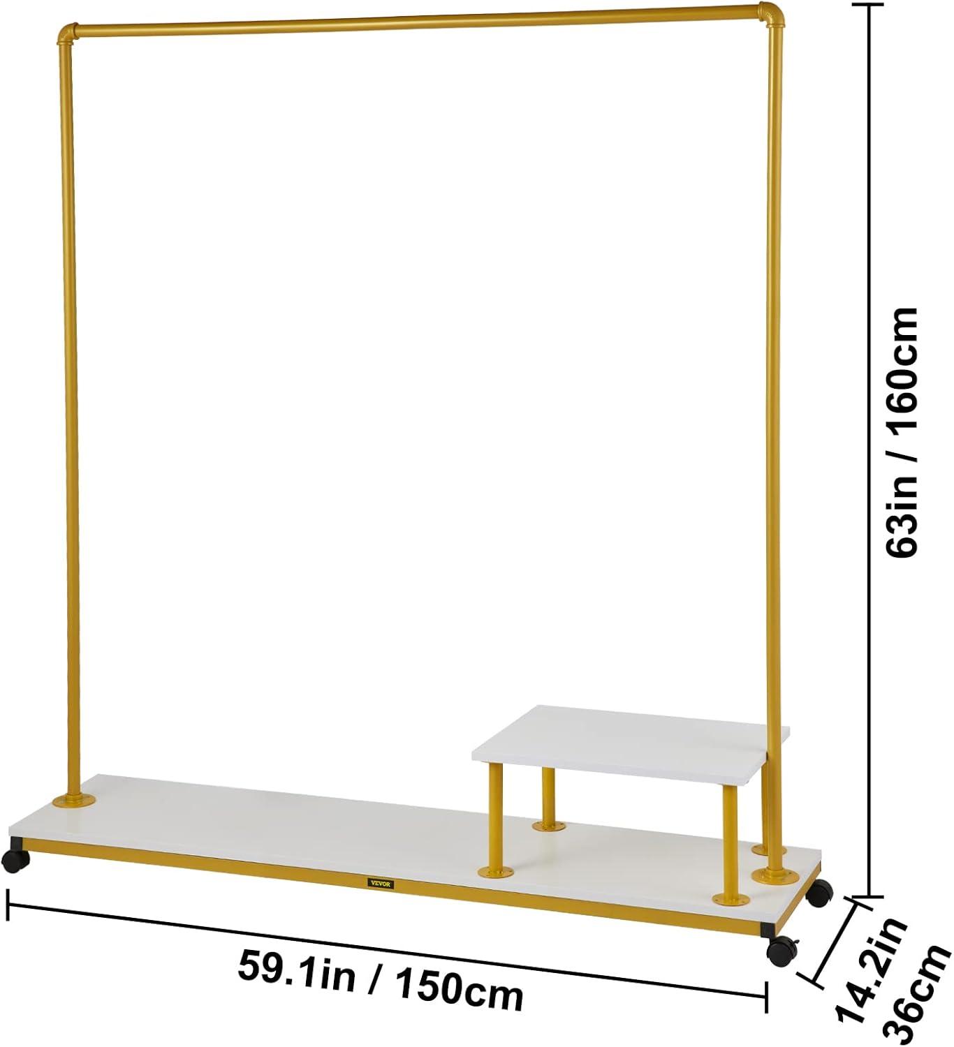 Gold and White Portable Rolling Garment Rack with Wood Shelves