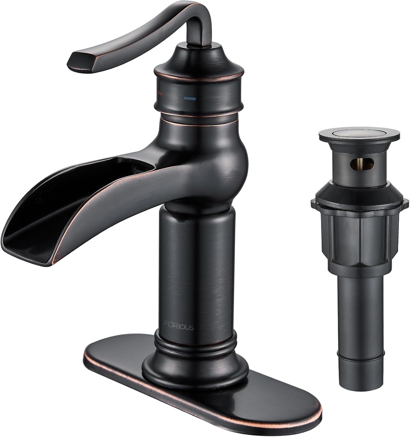 Oil Rubbed Bronze Waterfall Bathroom Sink Faucet with Pop-Up Drain