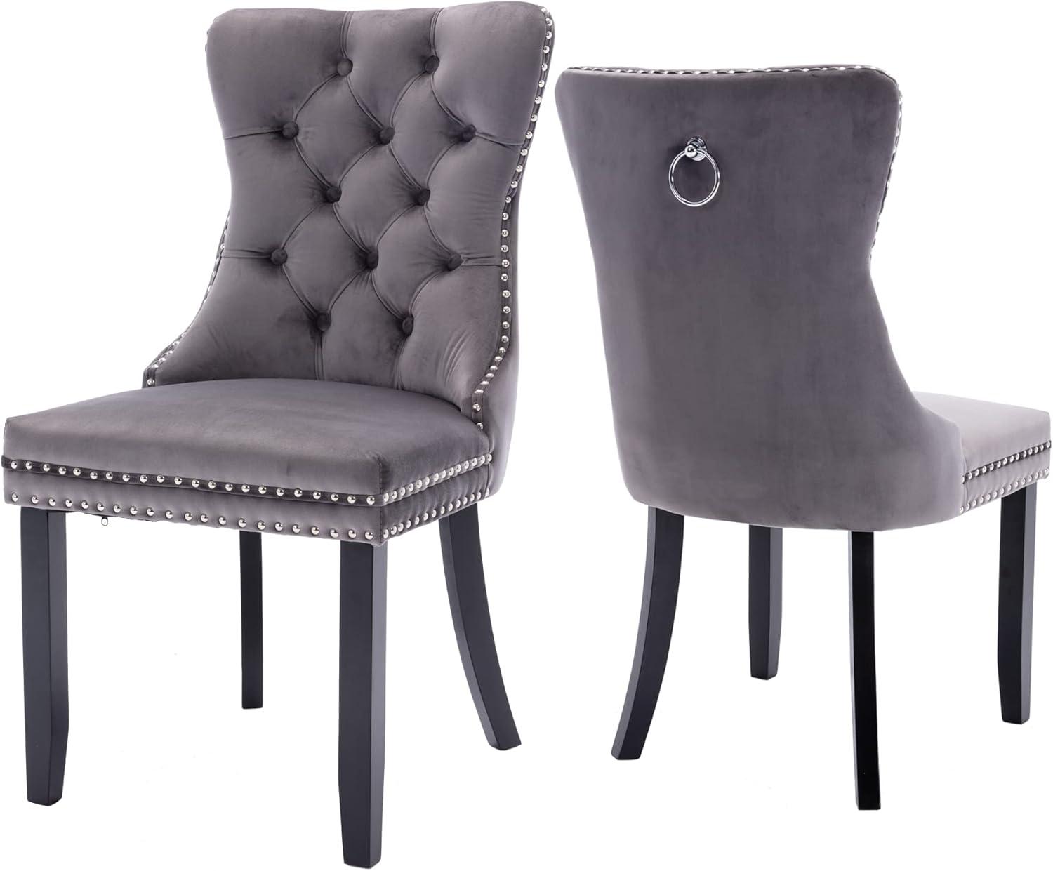 LegaHome Dining Room Chairs Set of 2, Modern Upholstered Velvet and PU Leather Dining Chair with Nailhead Trim and Solid Wood Legs, Tufted Button Padded Chairs Set for Kitchen Dining Room, Gray&Black