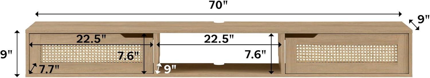 Coastal Oak 70" Floating TV Stand with Rattan Cabinet Doors