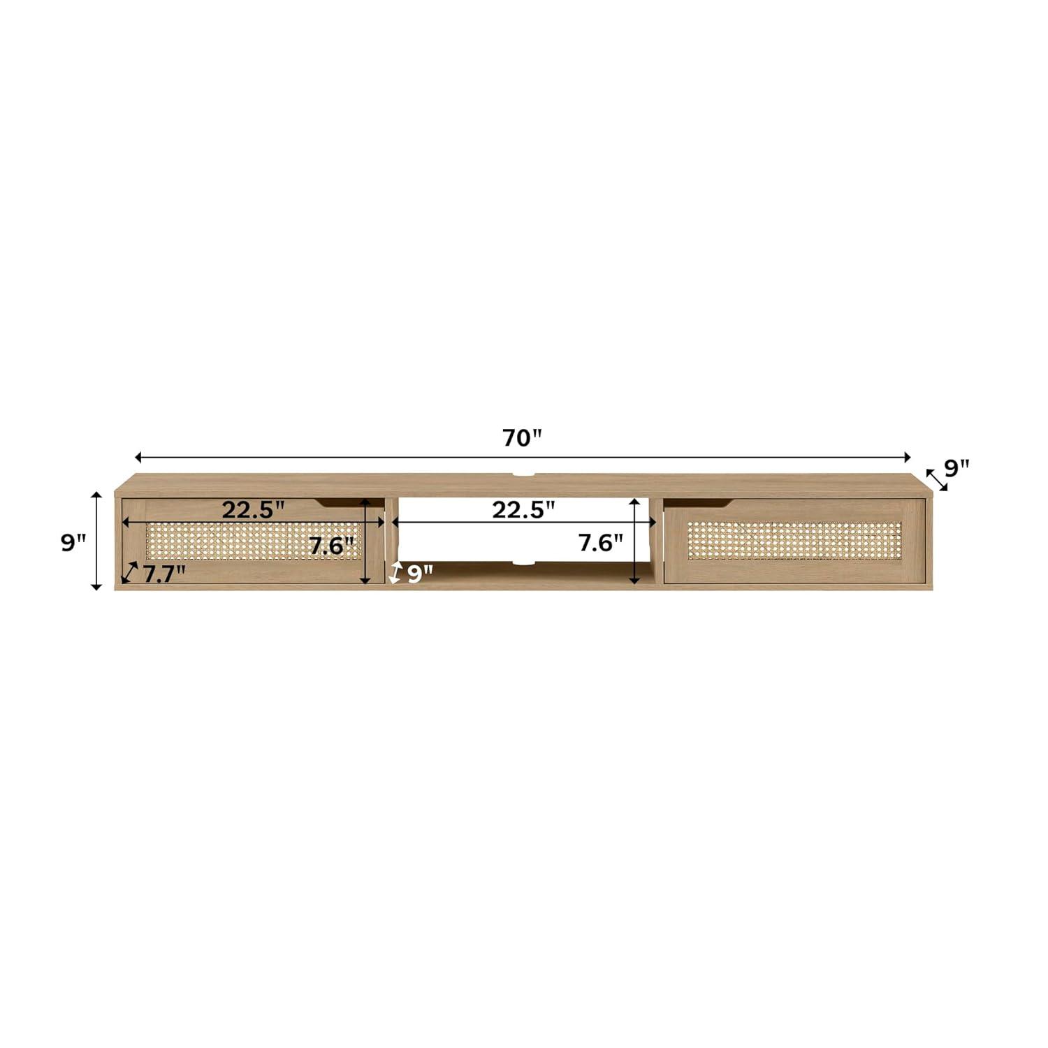 Coastal Oak 70" Floating TV Stand with Rattan Cabinet Doors