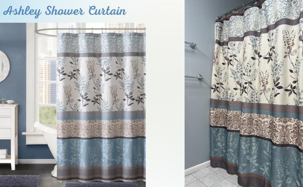 Serafina Home Contemporary Blue Beige Ashley Blue Floral Shower Curtain, 72" x 72", Easy Care