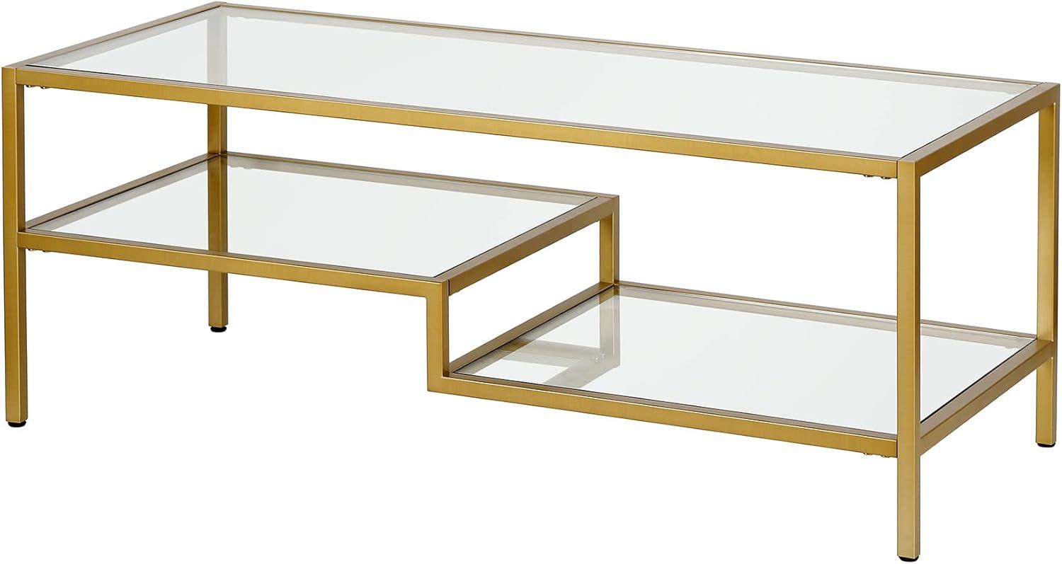 Contemporary Brass and Glass Double-Tiered Coffee Table