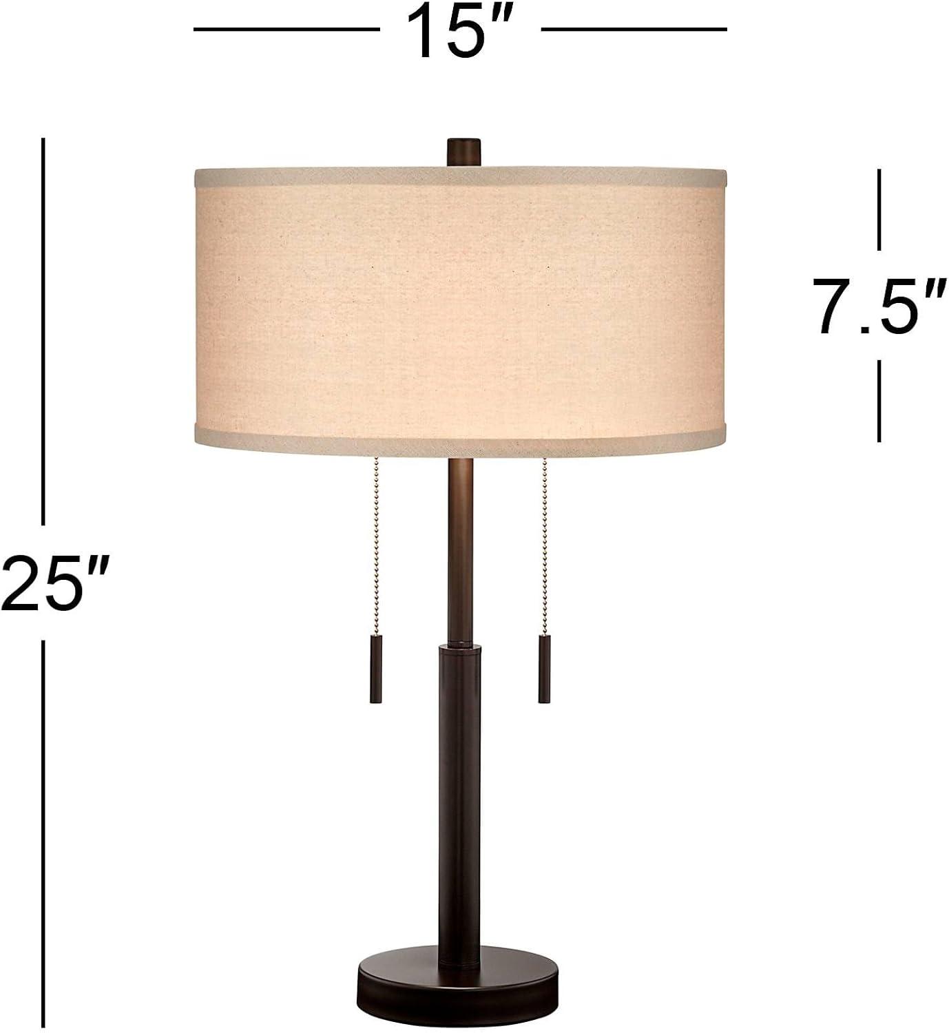 Franklin Iron Works Bernie Industrial Table Lamps 25" High Set of 2 Rich Bronze with USB Charging Port Tan Drum Shade for Bedroom Living Room Bedside