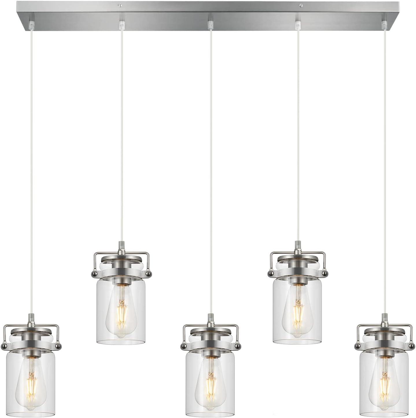 Brushed Nickel 5-Light Kitchen Island Pendant with Clear Glass Shades