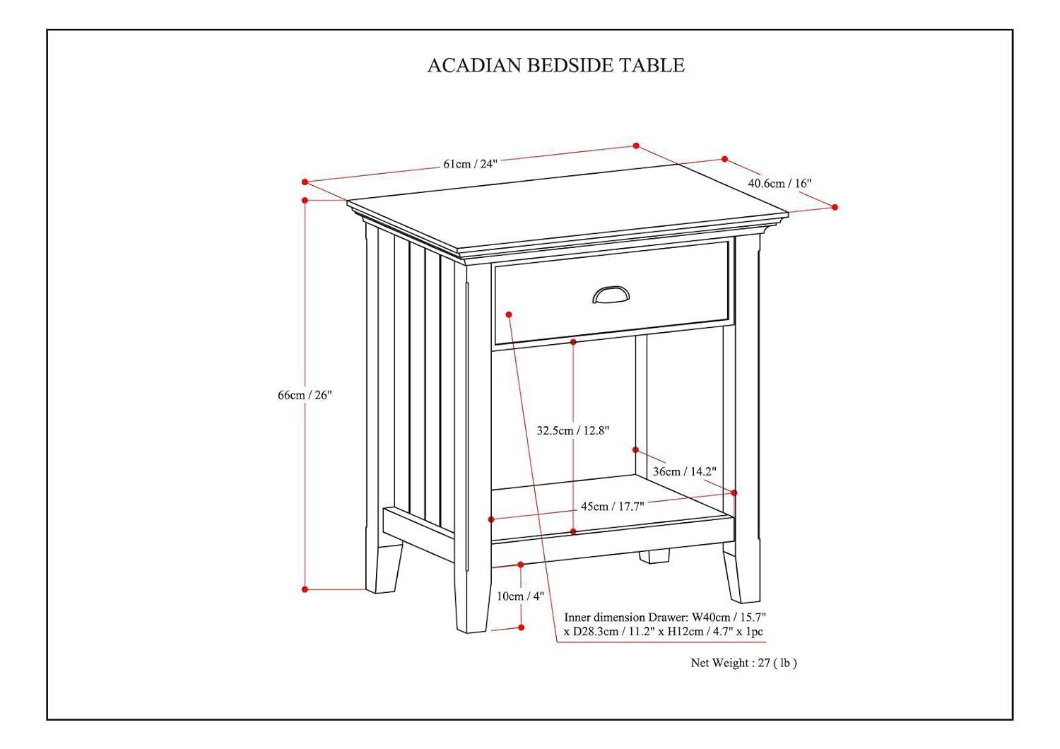 Simpli Home Acadian 24"W 1-Drawer Solid Wood Nightstand with Open Bottom Storage
