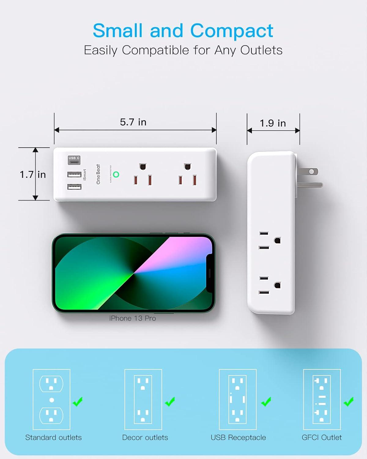 White 10-Piece USB Outlet Extender with Rotating Plug