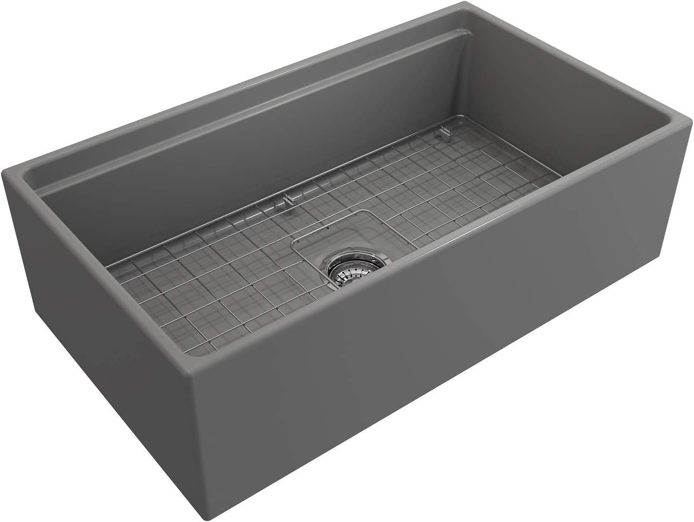 Matte Gray Fireclay Farmhouse Single Bowl Kitchen Sink with Accessories