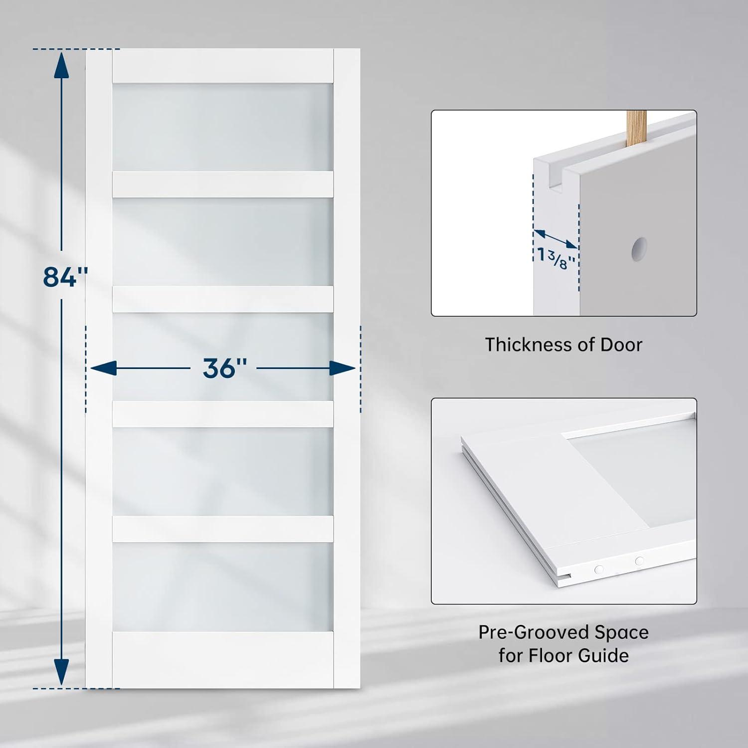 White 36x84 Frosted Glass 5-Lite Barn Door Slab