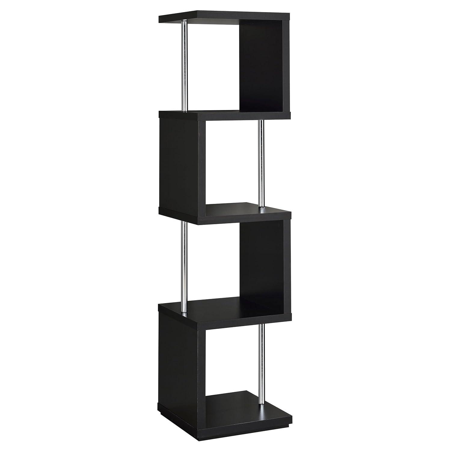 66.5" Baxter 4 Shelf Zig Zag Bookcase with Chrome Details Black - Coaster: Modern Storage Display