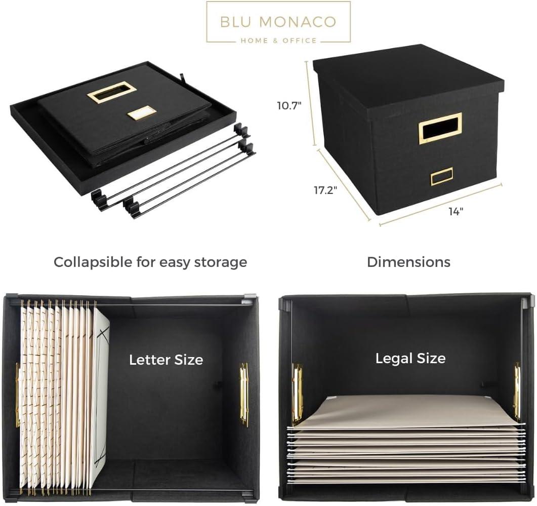 BLU MONACO Hanging File Box with Lid - Black Document Organizer for Letter & Legal Size Paperwork