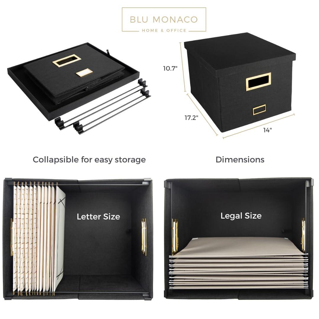 BLU MONACO Hanging File Box with Lid - Black Document Organizer for Letter & Legal Size Paperwork