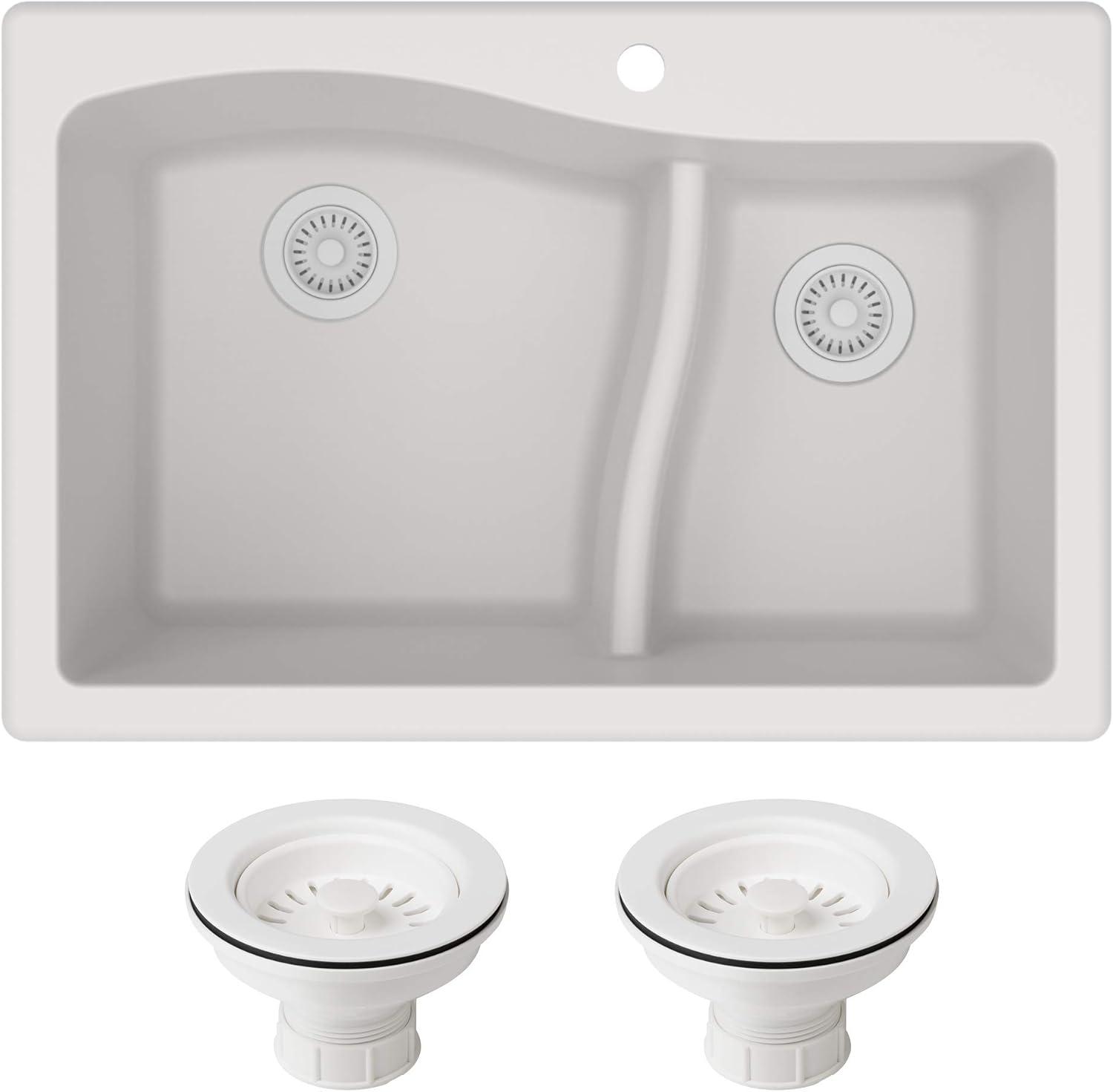 Kraus KRAUS Quarza™ 33" L Dual Mount 60/40 Double Bowl Granite Kitchen Sink and Strainers KGD-442WHITE-PST1-WH