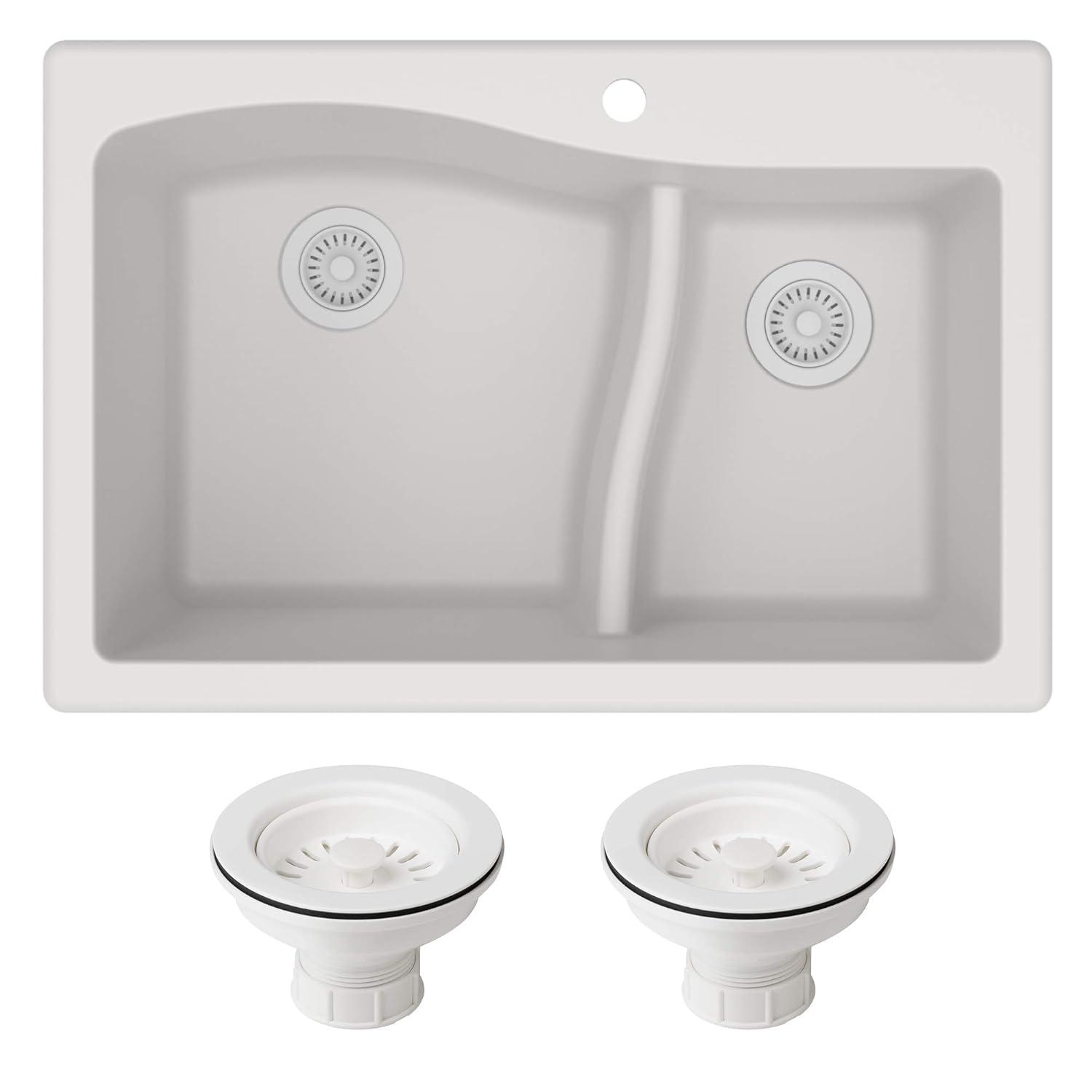 Kraus KRAUS Quarza™ 33" L Dual Mount 60/40 Double Bowl Granite Kitchen Sink and Strainers KGD-442WHITE-PST1-WH