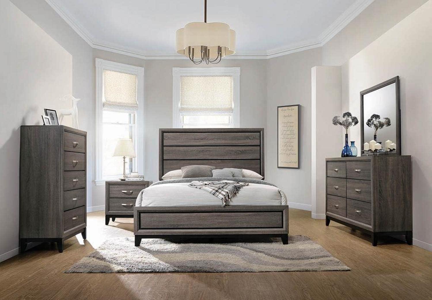 Transitional Gray Oak Queen Bed with Tufted Upholstered Headboard