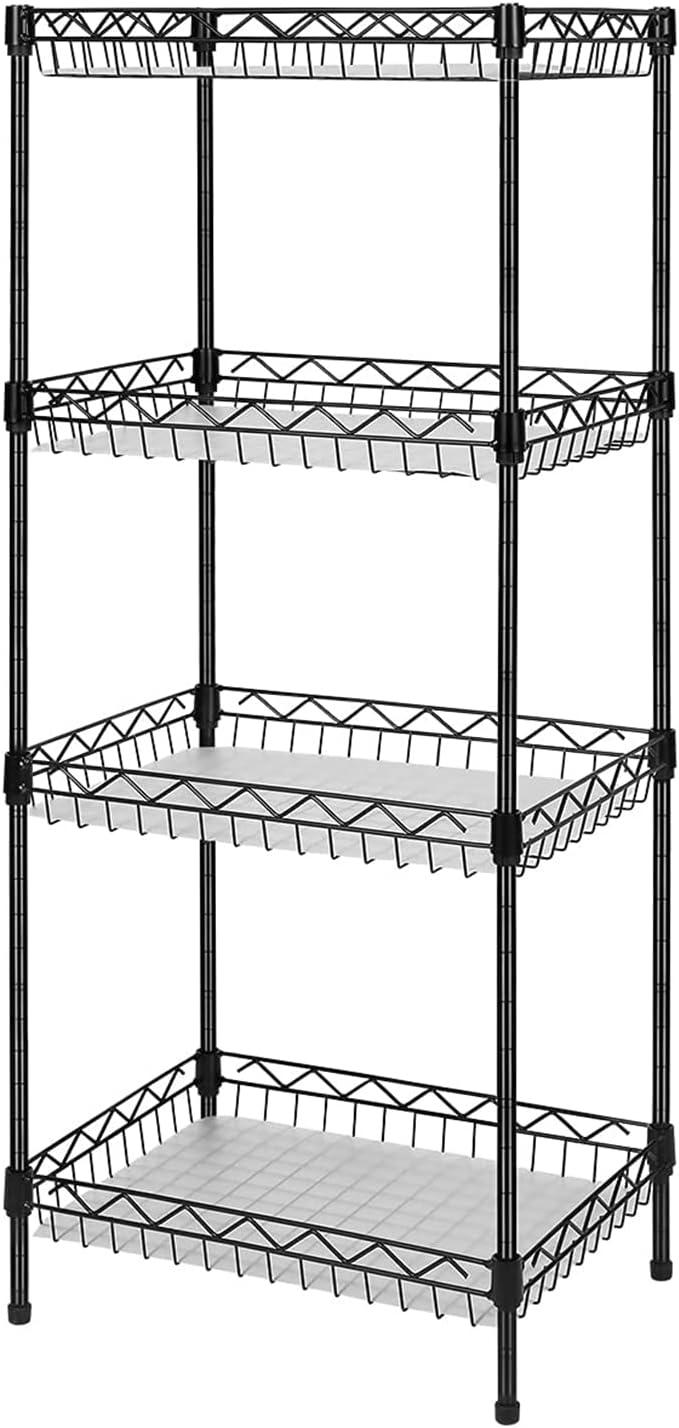 Black 4-Tier Wire Metal Shelving Unit with Baskets