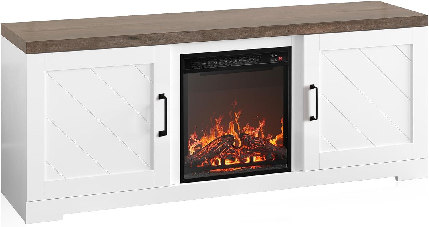 BELLEZE Modern 58 Inch Farmhouse TV Stand with 18 Inch Electric Fireplace & Media Entertainment Center Console Table for TV up to 65 Inch with Storage Cabinets and Infrared Heater - Hilo (White)