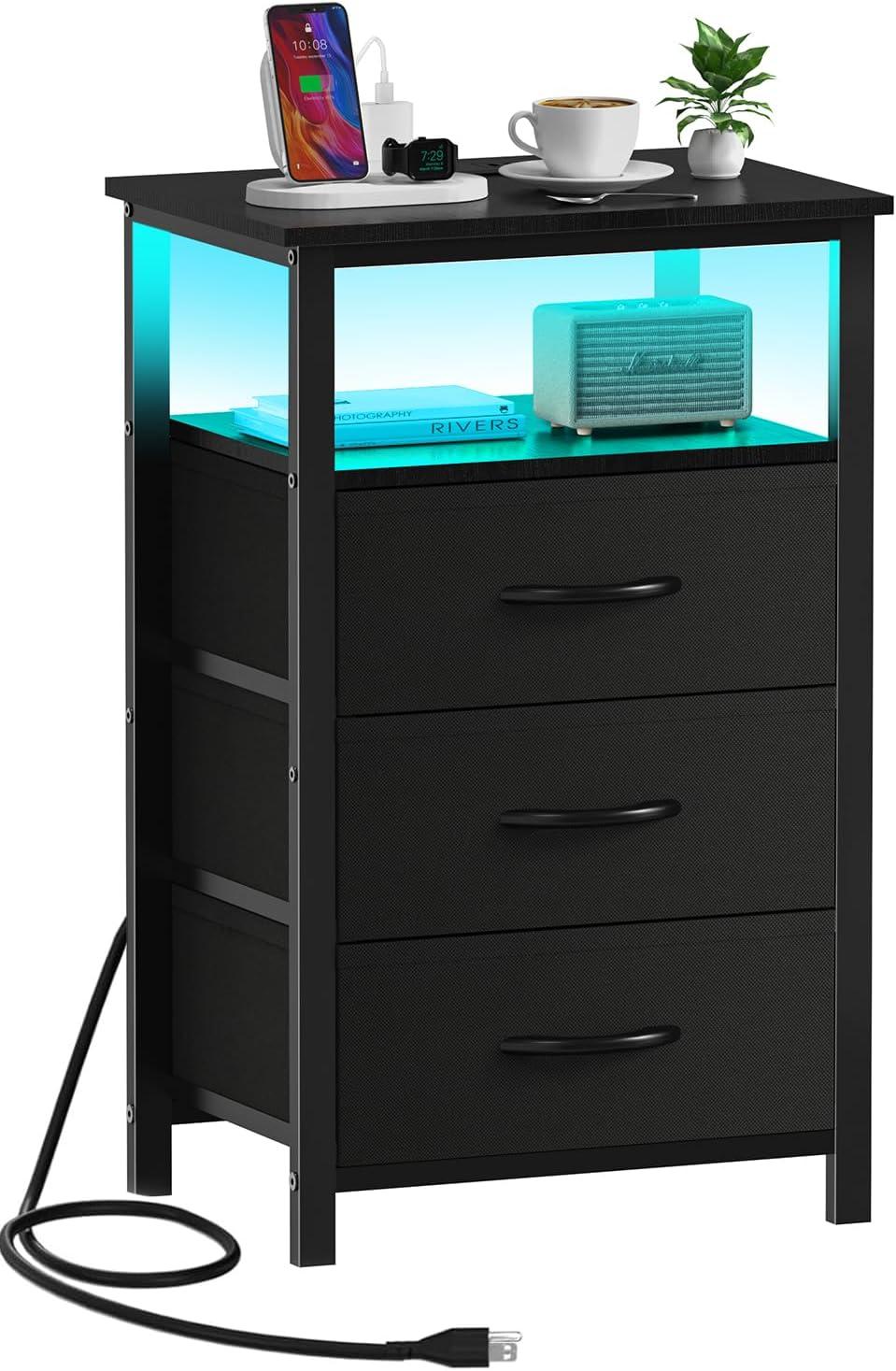 Black Metal Nightstand with LED Light and 3 Fabric Drawers