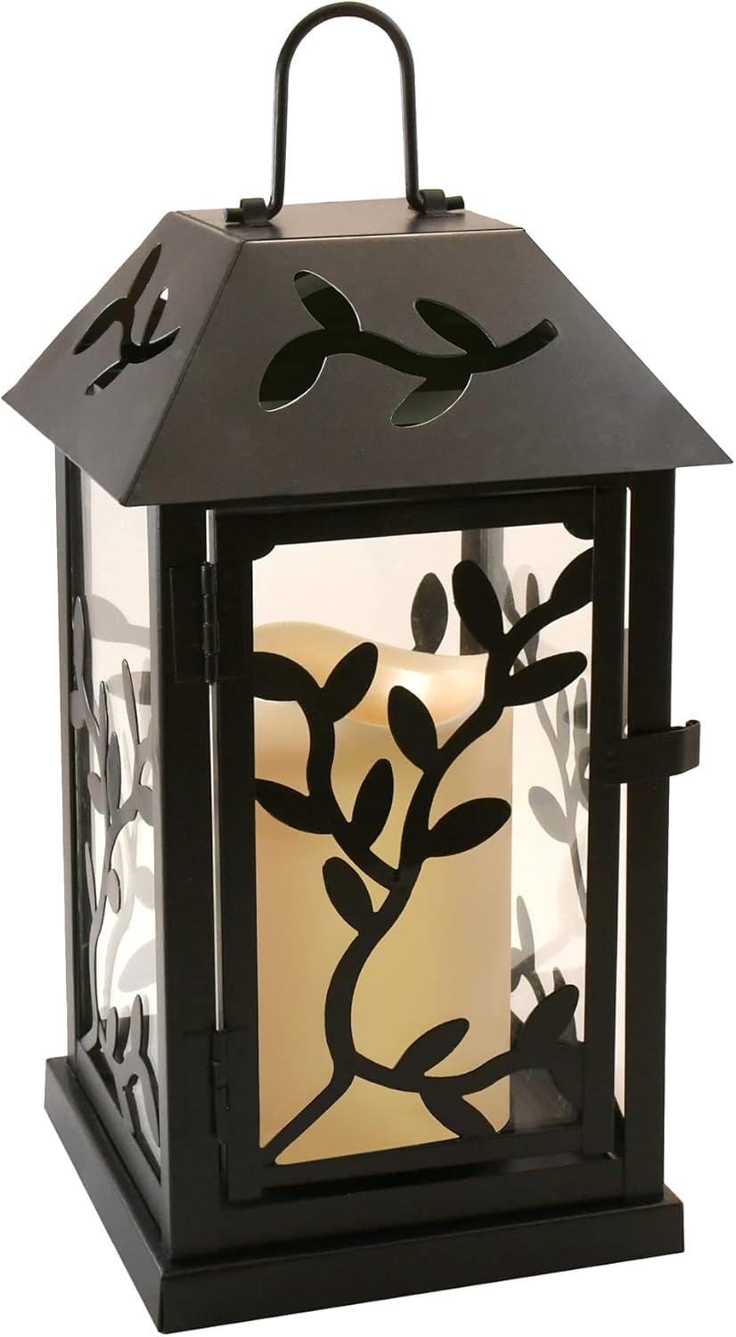 Bronze Floral Print LED Lantern with Flameless Candle