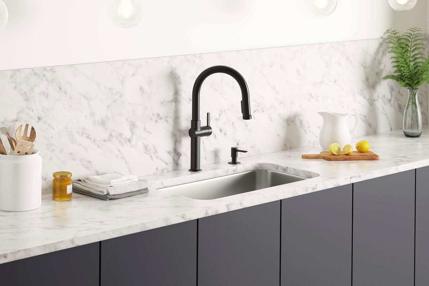 Matte Black Single Handle Pull-Down Kitchen Faucet with Soap Dispenser