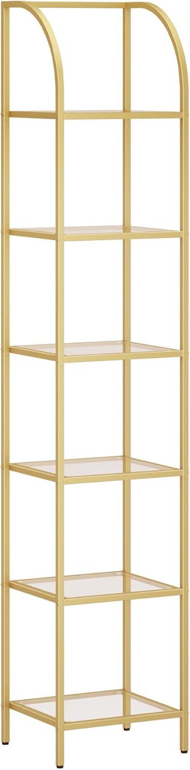Mercer41 Bookcase Bookshelf, Tempered Glass Arched Bookshelf For More Storage, Slim Shelving Unit For Bedroom, Bathroom, Home Office, Steel Frame, 6 Tier Gold