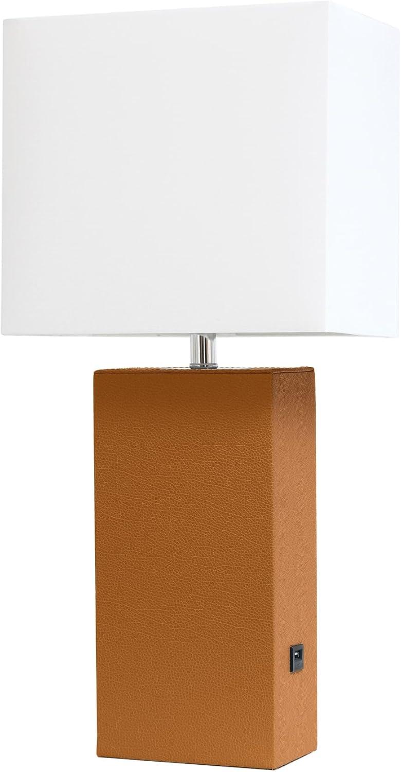 Modern Leather Table Lamp with USB and Fabric Shade Tan - Elegant Designs: No Assembly, UL Listed