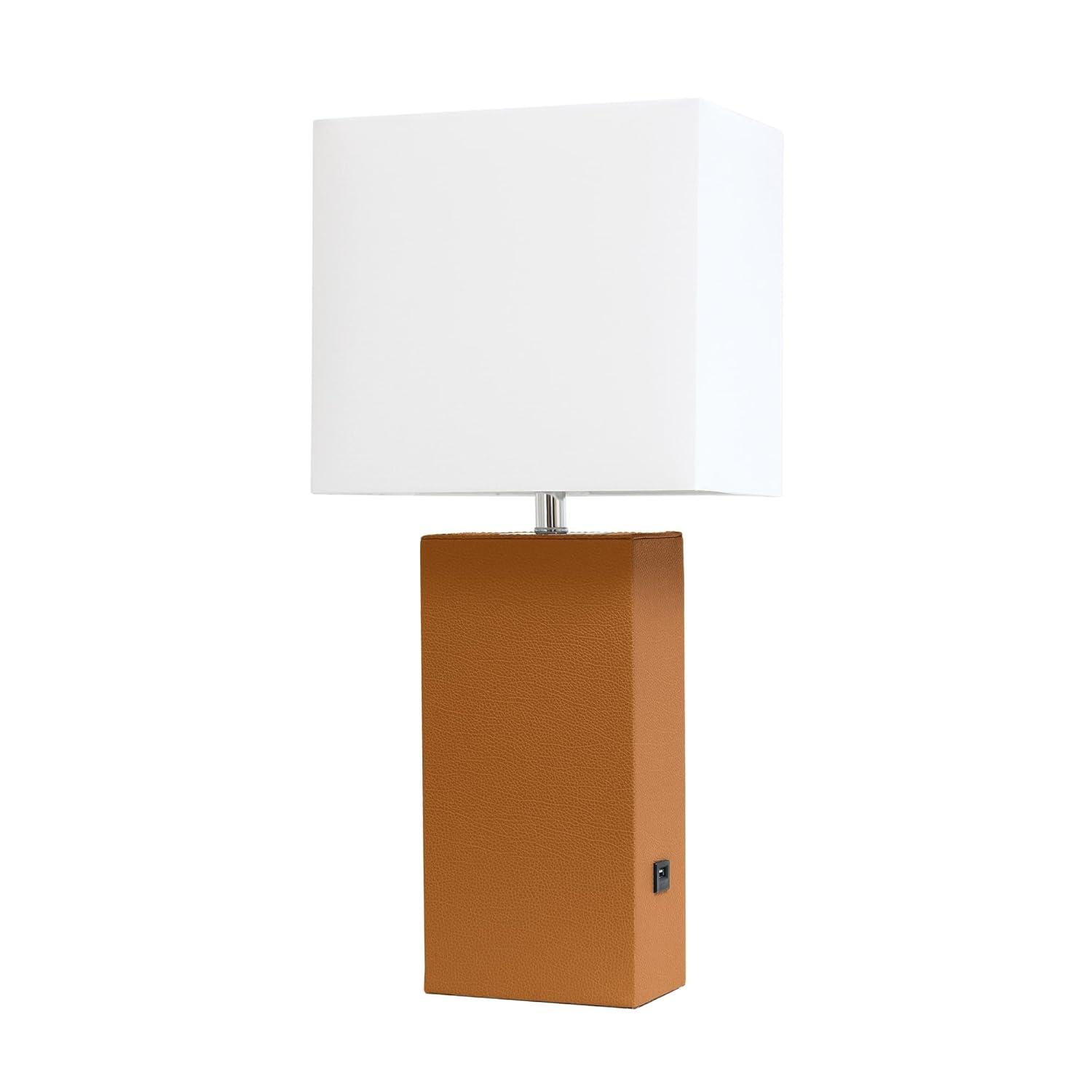 Modern Leather Table Lamp with USB and Fabric Shade Tan - Elegant Designs: No Assembly, UL Listed