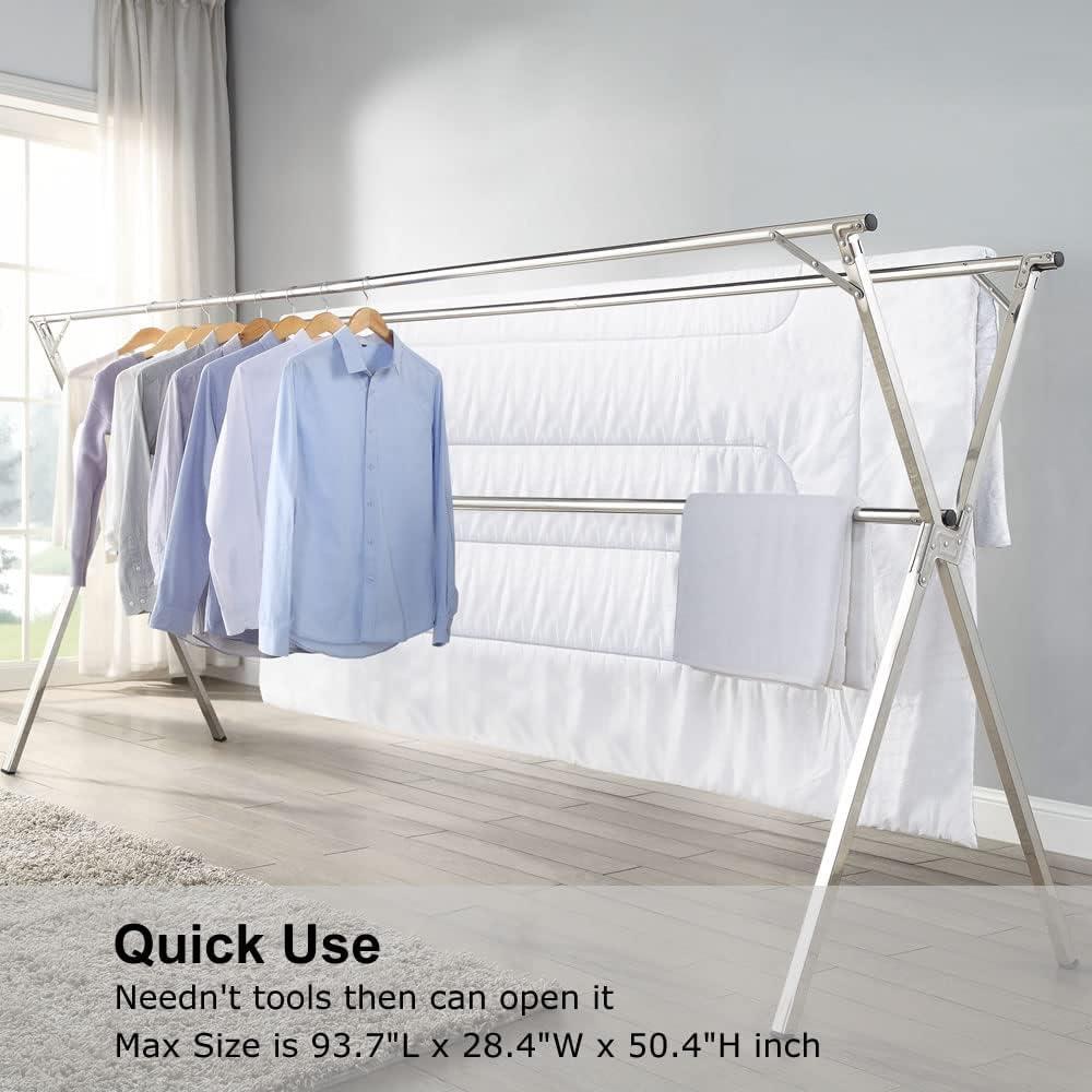 Clothes Drying Rack for Laundry Foldable,Stainless Steel Laundry Drying Rack for Indoor Outdoor,Foldable Easy Storage Clothes Rack for Drying, Garment Rack Space Saving, 63 Inches