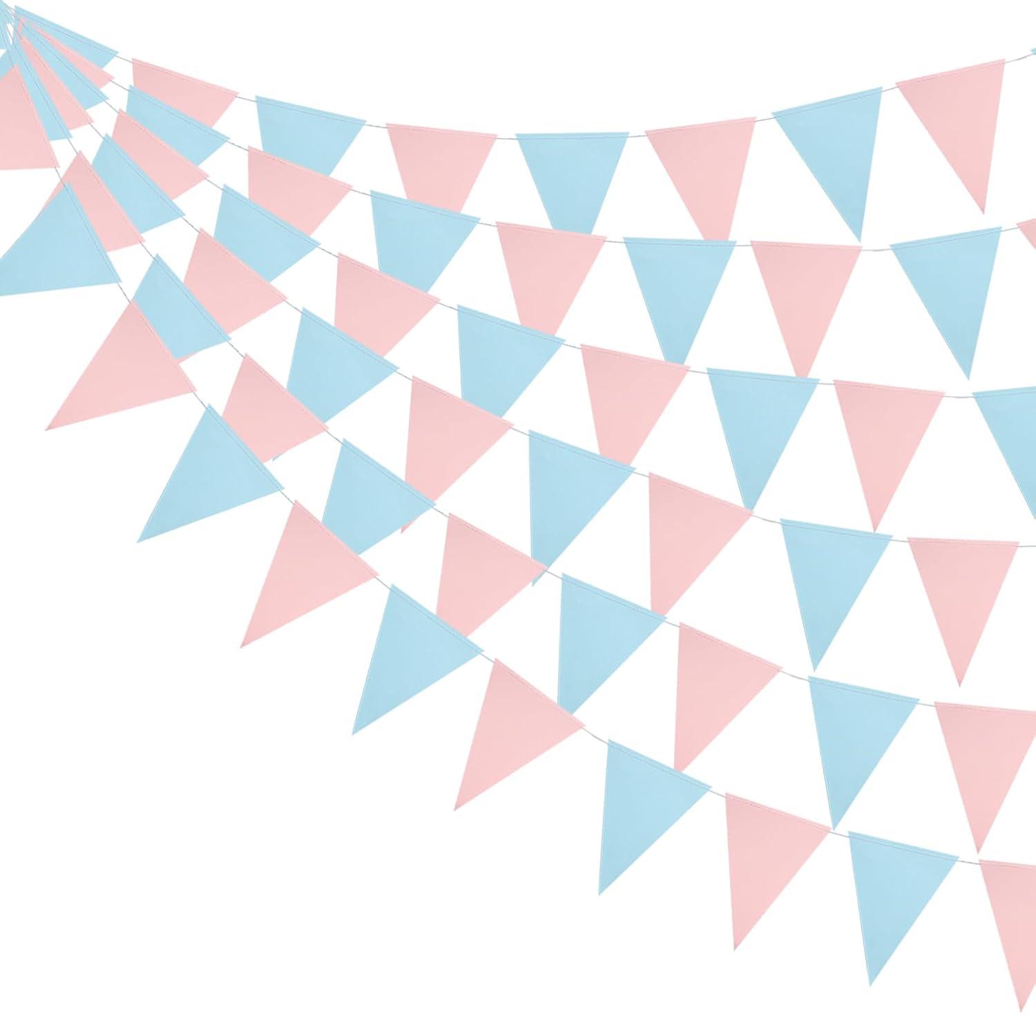 Mefuny 30 Feet Gender Reveal Pennant Banner 48PCS Light Blue and Pink Paper Triangle Flags Hanging Decor for Baby Shower Boy or Girl Gender Reveal Party Backdrop Birthday Party Nursery Decorations