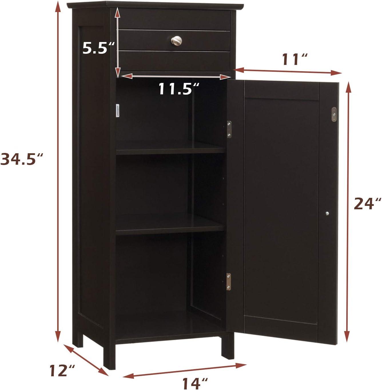 Bathroom Floor Cabinet, Standing Cabinet with Drawer and Doors, Storage Cabinet with 2 Adjustable Shelves, Brown