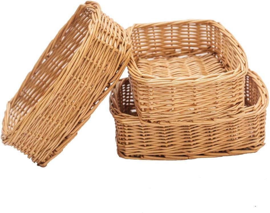 Natural Wicker Rectangular Storage Baskets with Wood Handles, Set of 3