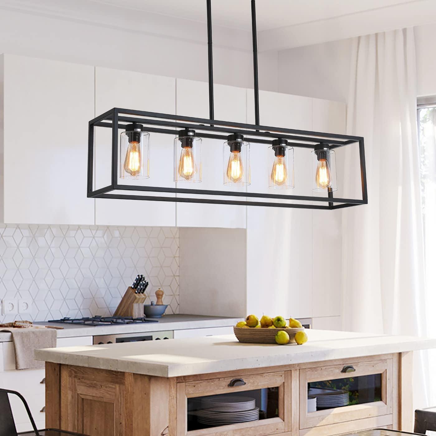 Black Metal and Glass 5-Light Adjustable Kitchen Island Pendant