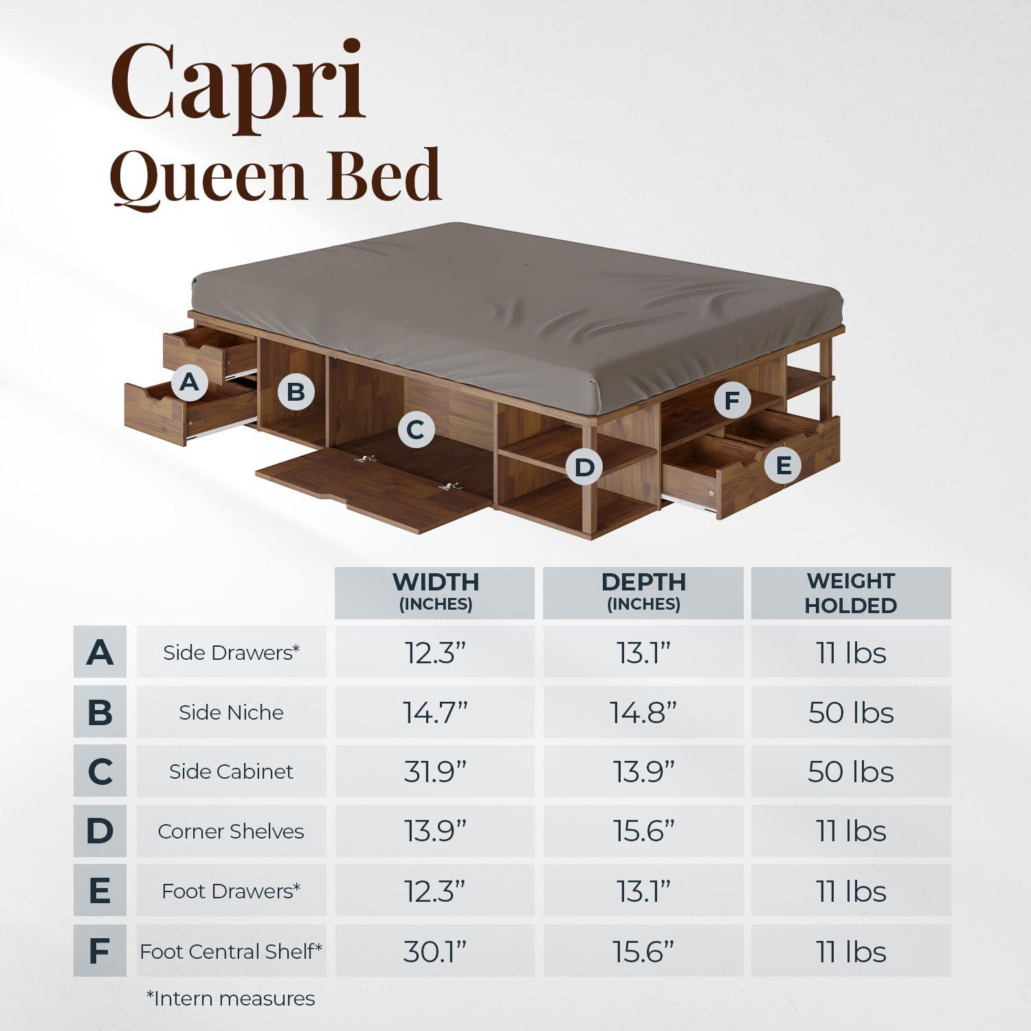 LETTO Capri Queen Size Wood Platform Storage Bed Frame with Drawers and Built-in Shelves, Storage Platform Bed Great for Couples Room Organization, Solid Wood Bed, Smooth Finish (Golden Brown)