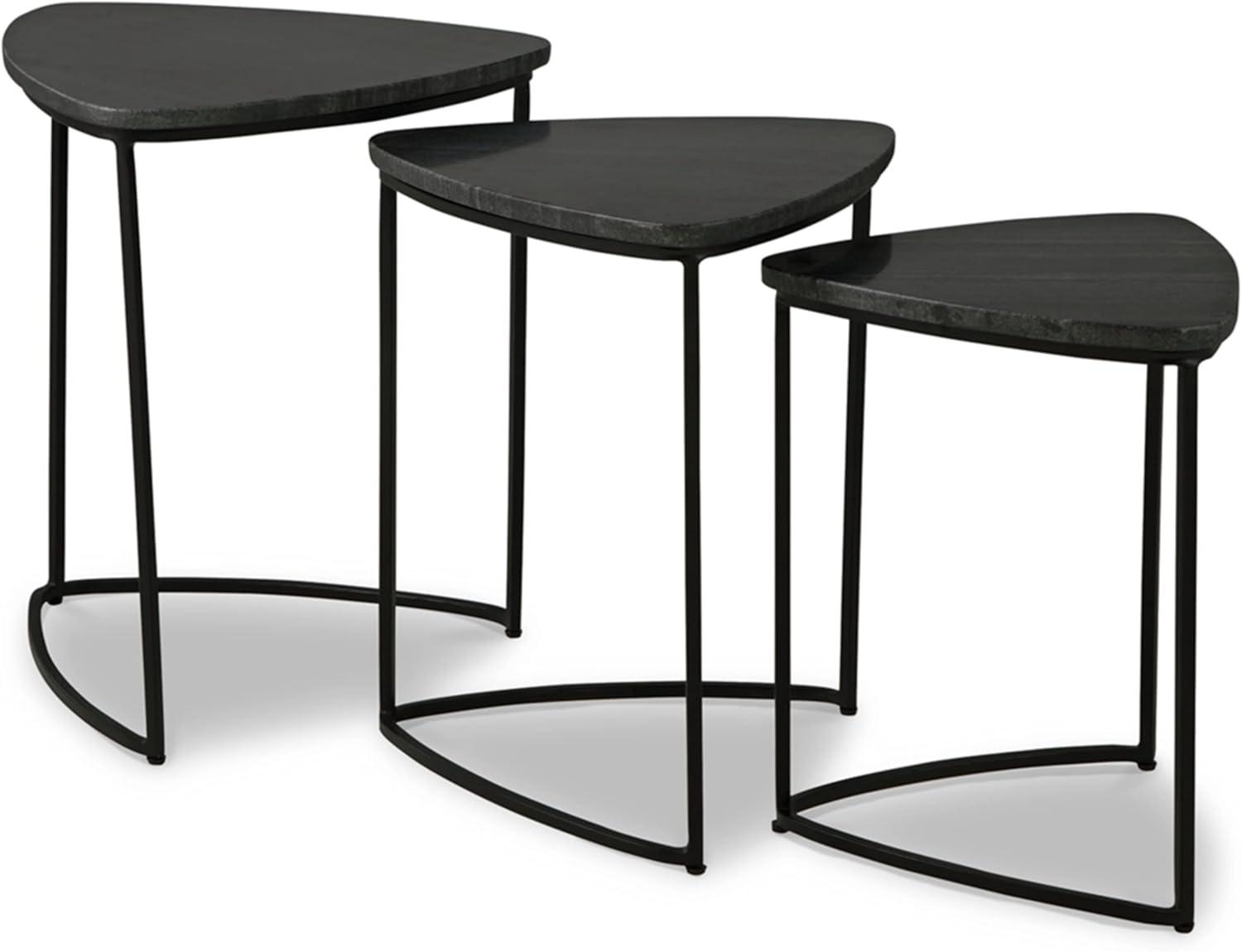 Olinmere Black Triangular Marble and Metal Nesting Tables, Set of 3