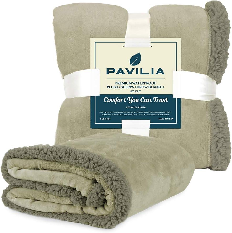 PAVILIA Waterproof Blanket Throw for Bed Sofa Couch, Leakproof Faux Shearling Fleece Protector, Plush Soft Warm Fuzzy