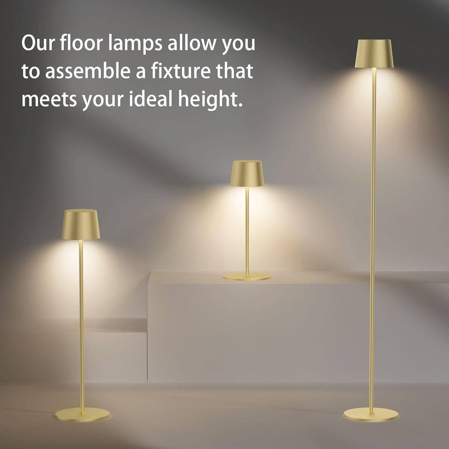 Cordless Modern Gold Standing Lamp, IP54 Waterproof, Rechargeable, Adjustable Height for Outdoor/Indoor/Patio
