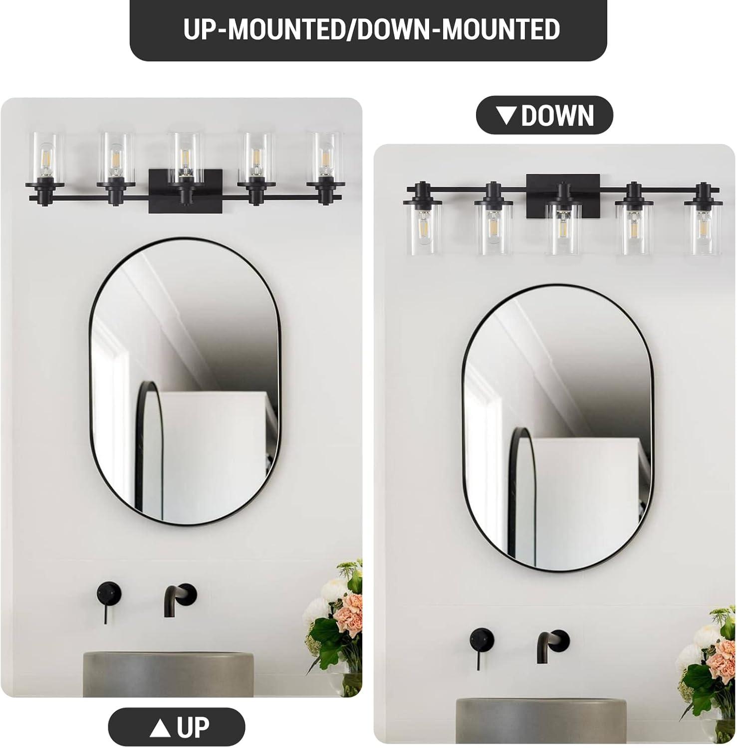 Matte Black 5-Light Bathroom Vanity Fixture with Glass Shades